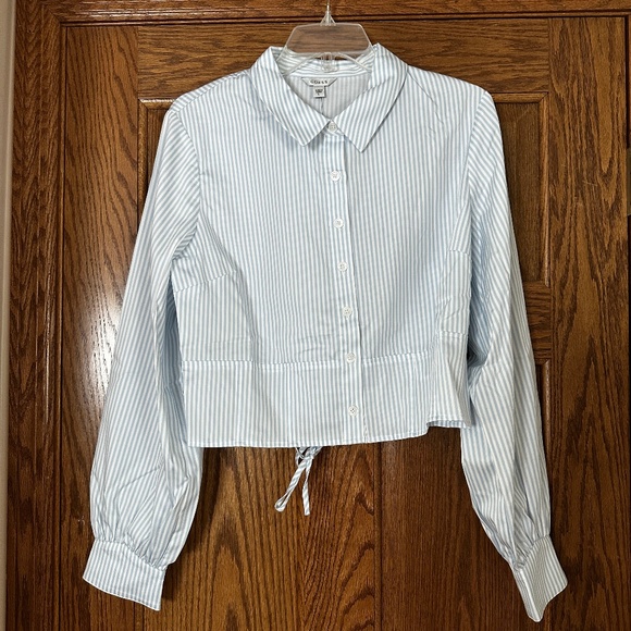 NEW Large Guess Arctic Sky Combo Button-up Short Striped Blouse LS Monica - Picture 1 of 8